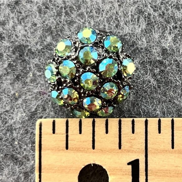 Vintage Aurora Borealis Rhinestone Dome Cluster Clip On Earrings Silver Tone - Picture 4 of 7